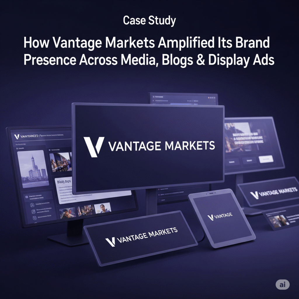 Vantage Markets case study banner: Amplifying brand presence across media, blogs, and display ads, featuring the Vantage Markets logo and visual representations of digital marketing channels.