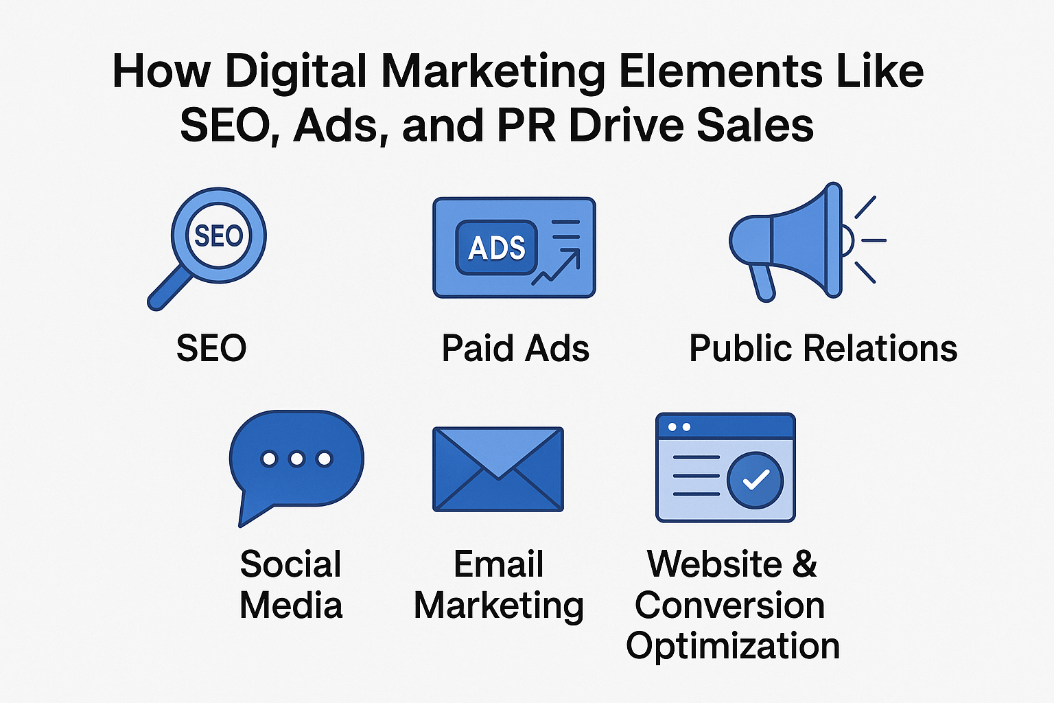 Infographic showing key digital marketing elements—SEO, Paid Ads, PR, Social Media, Email Marketing, and Website Optimization each contributing to sales growth.