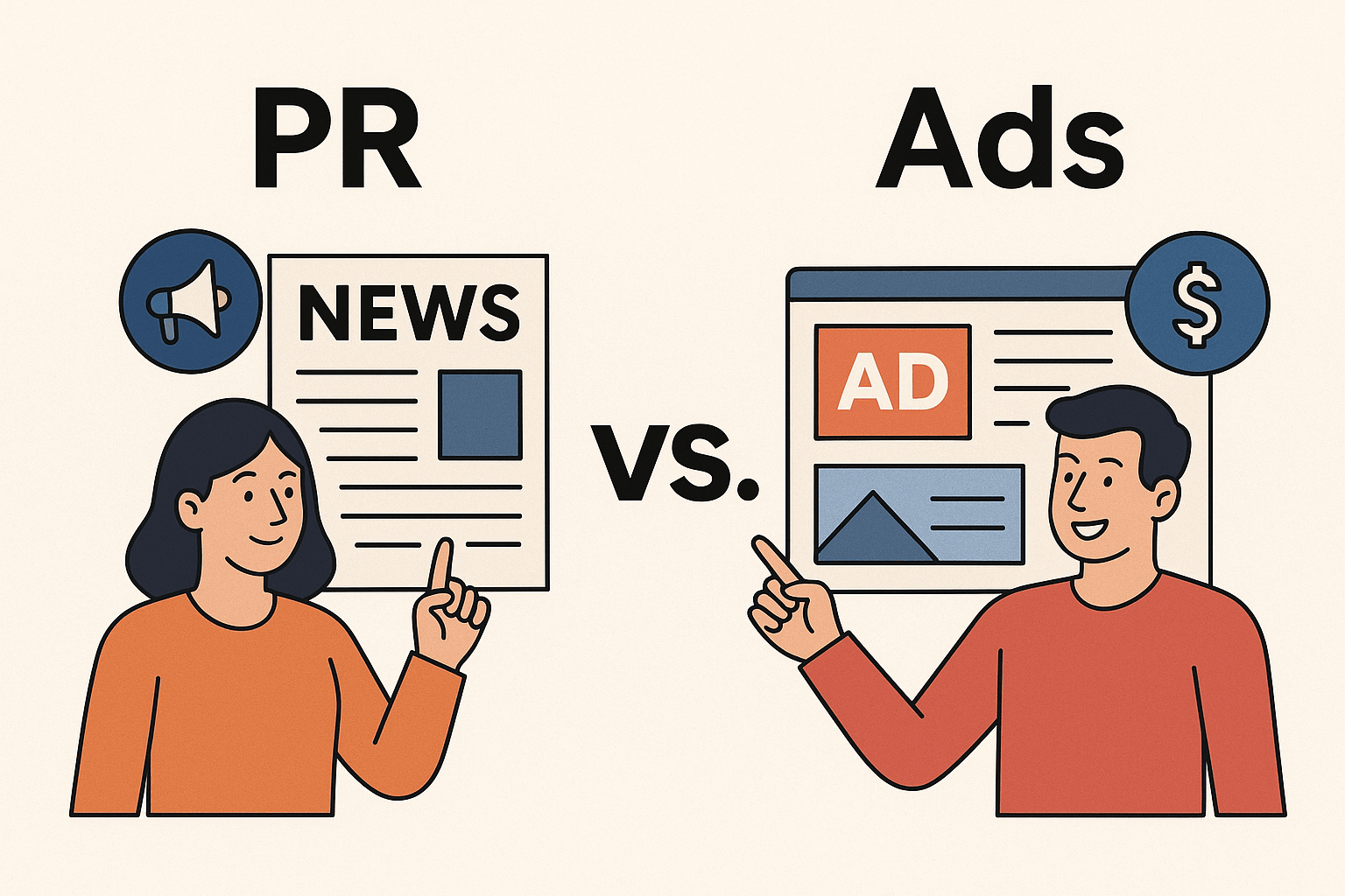 Illustration showing the difference between PR and Advertising with two characters, one holding a news article (PR) and the other holding an ad screen (Advertising).