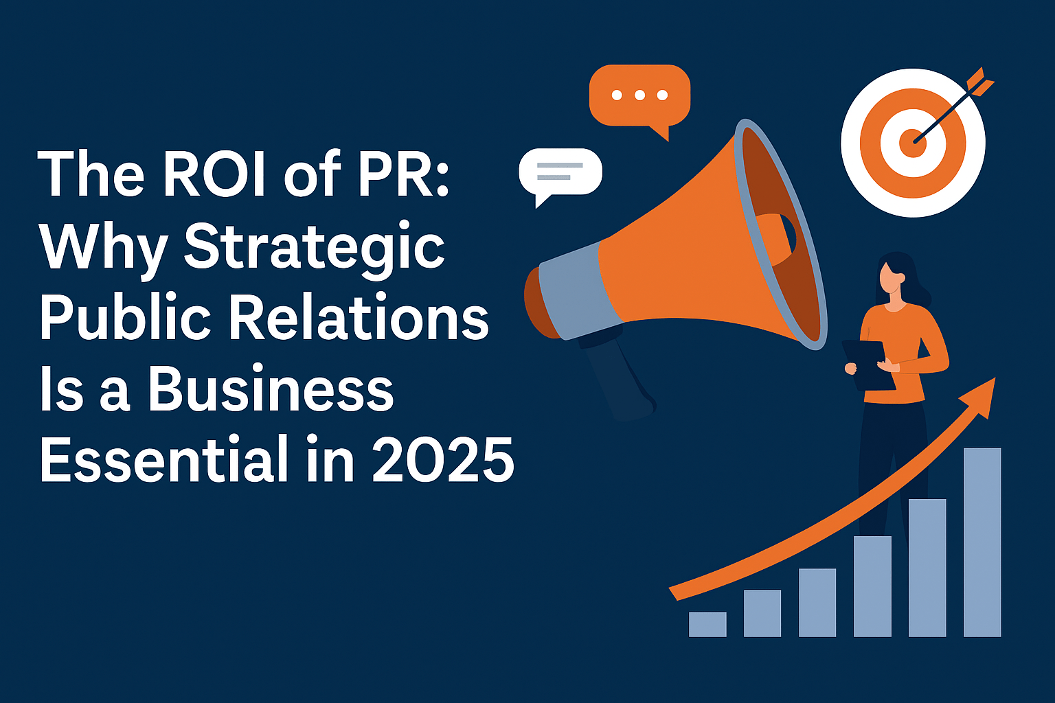 A flat-style digital illustration showing a megaphone, speech bubbles, a target, and a rising bar chart, representing the impact and ROI of public relations in 2025.