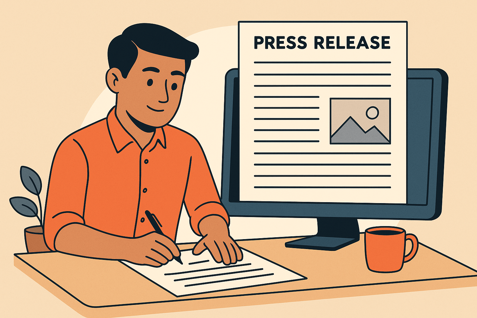 Young man writing a press release at desk with computer displaying PR draft