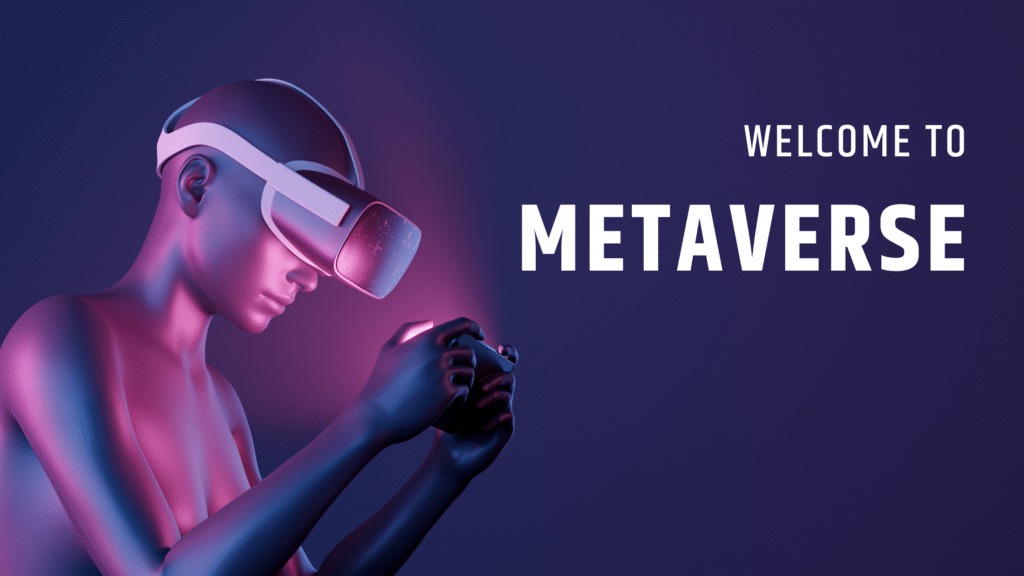 “Illustration of Meta advertising trends in 2025 showing AI optimization, AR try-on, WhatsApp chats, and native shop checkout on mobile screens”