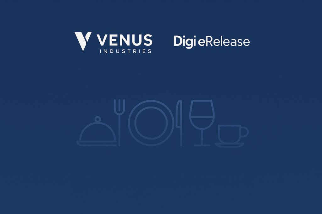 Banner image showing the Venus Industries and Digi eRelease logos on a dark blue background with minimalist line icons of a plate, wine glass, fork, and cloche, representing hospitality and serveware.