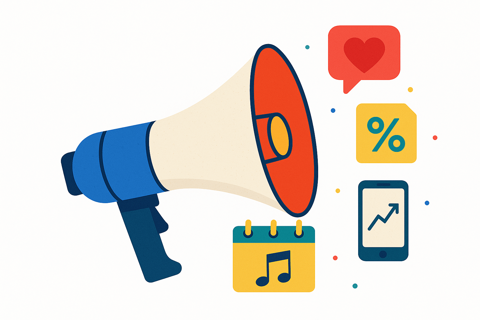 Flat digital illustration of a blue and red megaphone with colorful marketing icons, including a red heart in a speech bubble, a yellow percentage tag, a yellow calendar with a music note, and a smartphone showing an upward graph, all set against a clean white background.